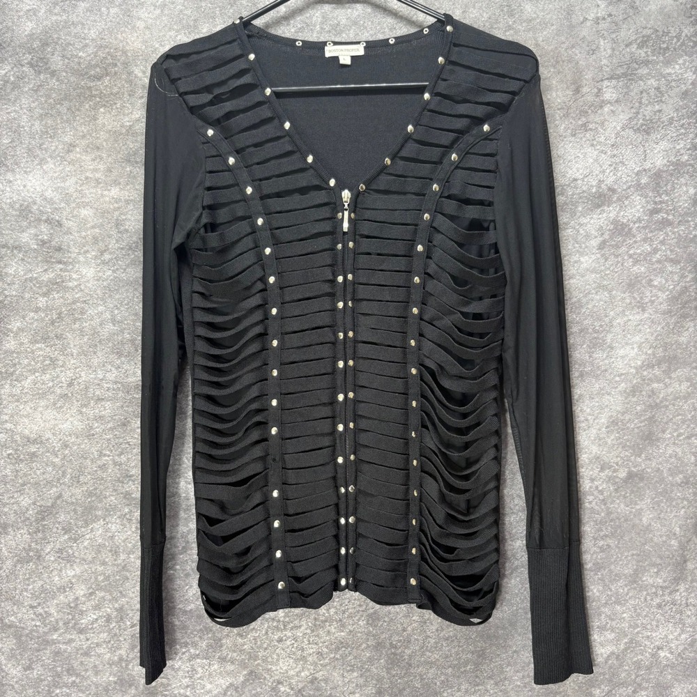 Boston Proper Studded Bandage Jacket Womens L Black Full Zip Cage Cut Out Goth